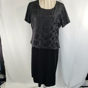 Kathie Lee 2 Piece Look Black Floral Flocked Top Short Sleeve Dress Size Large